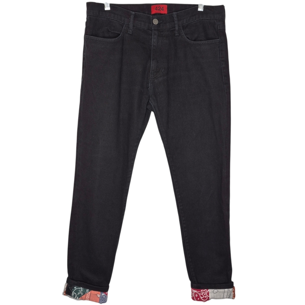 424‎ FourTwoFour on Fairfax Black Bandana Cuff Slim Straight Jeans Size 31